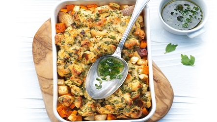 Pain Perdu Gratine Avec Legumes Mitonnes Et Beurre De Liveche